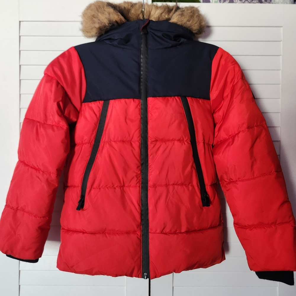 Red and Black Kids Puffer Jacket with Faux Fur Hood